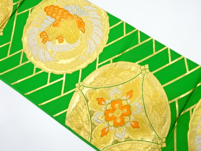 アンティーク　鳳凰に花七宝模様織り出し袋帯（着用可）